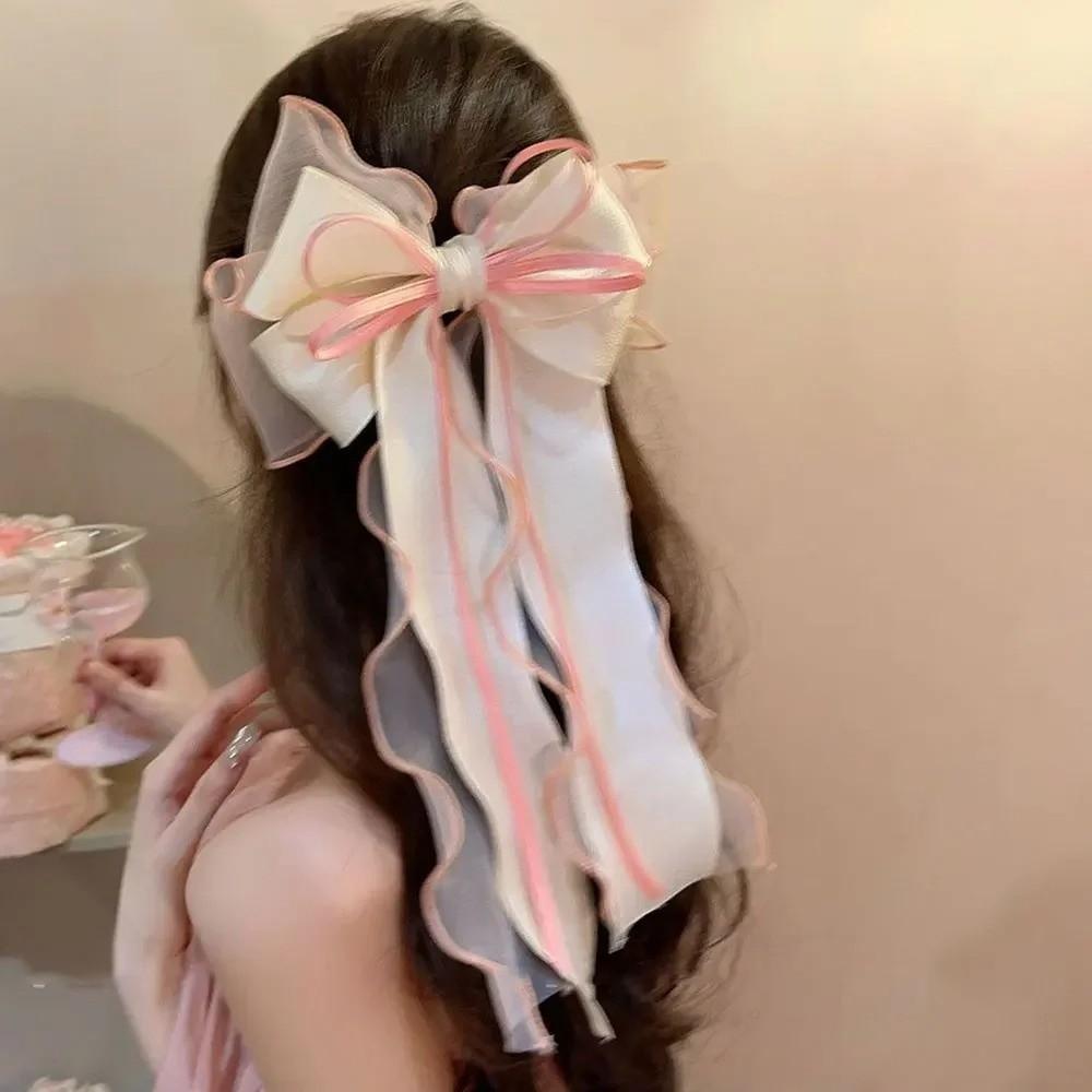 Lace Bow Ribbon Hair Clips Long Tails Ribbon Satin Hairpins Elegant Coquette Barrettes Women Girls