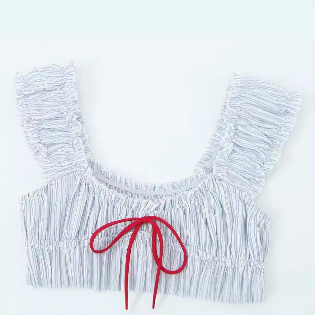 2024 Summer Women's European & American French-Style Striped Off-Shoulder Ruched Mini Dress