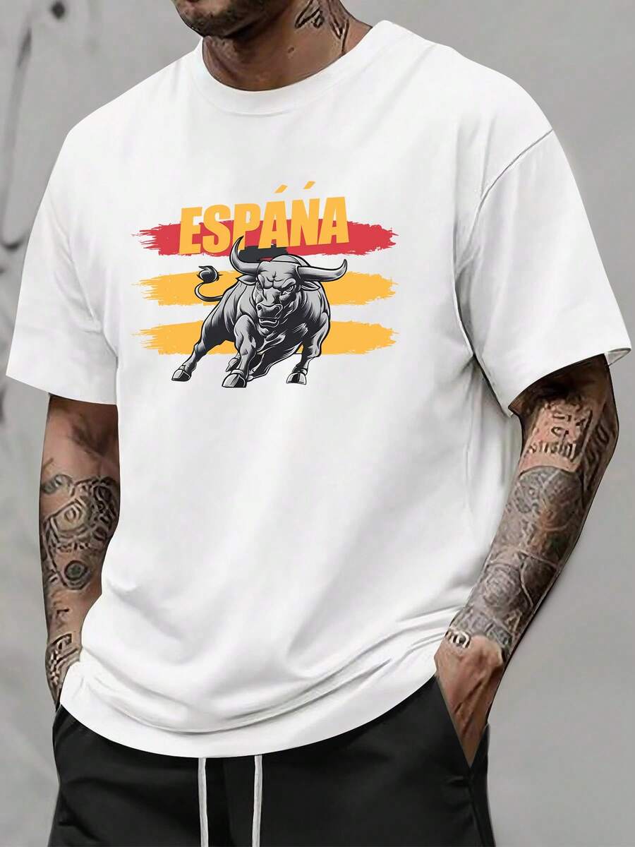 Unisex S Casual Crew Neck T-Shirt With Spain Bull Print S