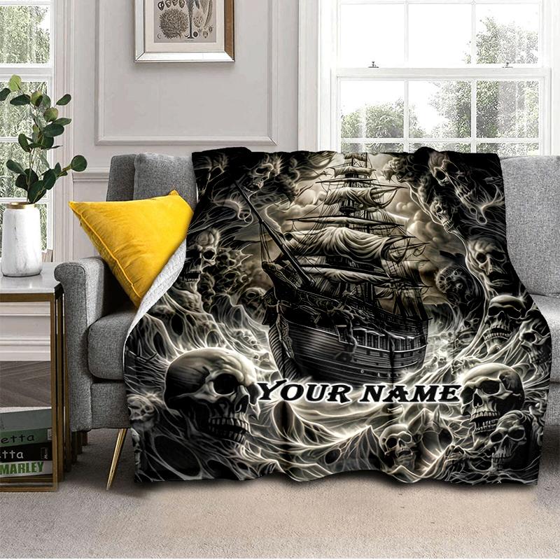 1PC Custom Name Skeletal Ship Adventure flannel blanket versatile,all-season throw suitable for the living room,bedroom,camping,travel,and gift