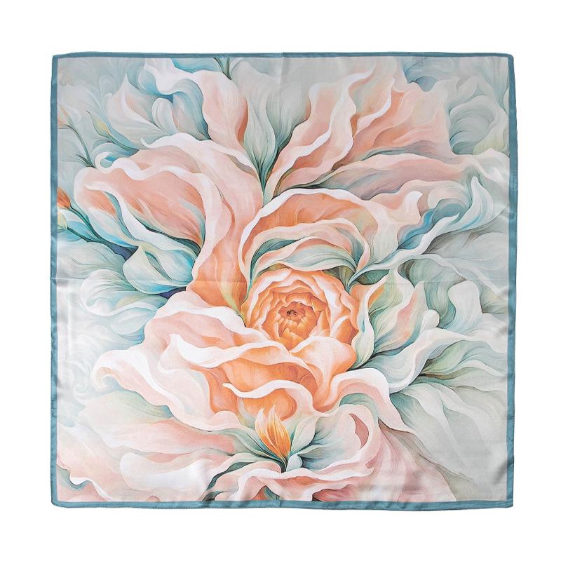 Herbstschal mit Pfingstrosen-Print und blauem Rand - Modischer quadratischer Halswärmer, perfektes Geburtstagsgeschenk für Mama