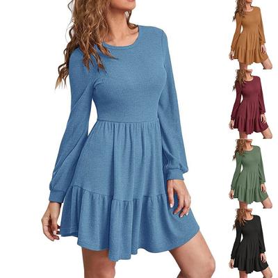 Women's /winter Fashion Temperament Round Neck Long Sleeve Stratified Color Dress