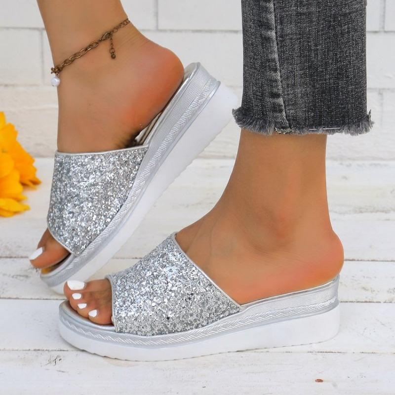 Fashion 2024 New Women Slippers Summer Light Weight Leather Shoes Women Platform Open Toe Crystal Slippers Women Gold Silver Mujer
