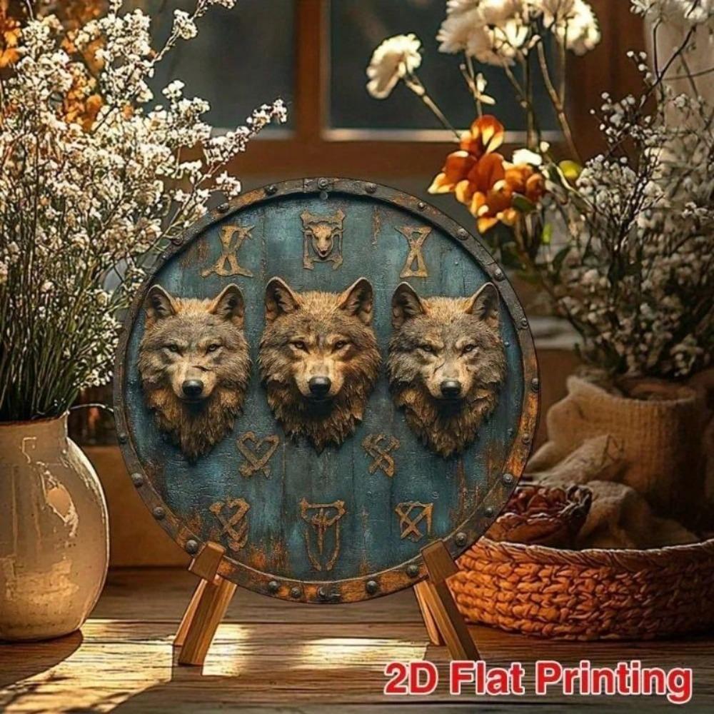 Viking Shield Wall Art Metal Painting Scandinavian Wolf Runic Decor 20x20cm