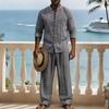 Men's Linen Resort Outfit 2 Piece Set, Stand Collar Button Shirt & Matching Pants, Vacation Beach Casual Summer Suit for Men