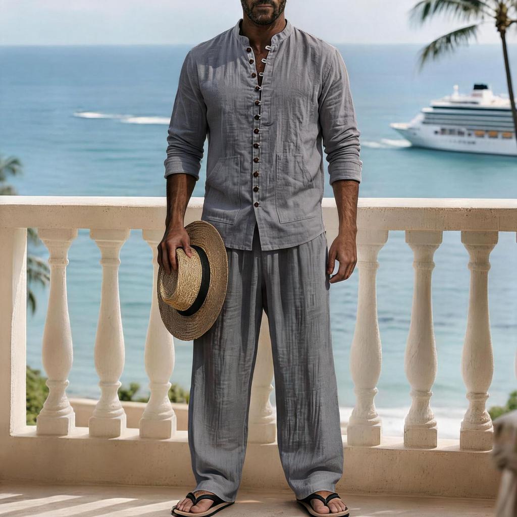 Men's Linen Resort Outfit 2 Piece Set, Stand Collar Button Shirt & Matching Pants, Vacation Beach Casual Summer Suit for Men