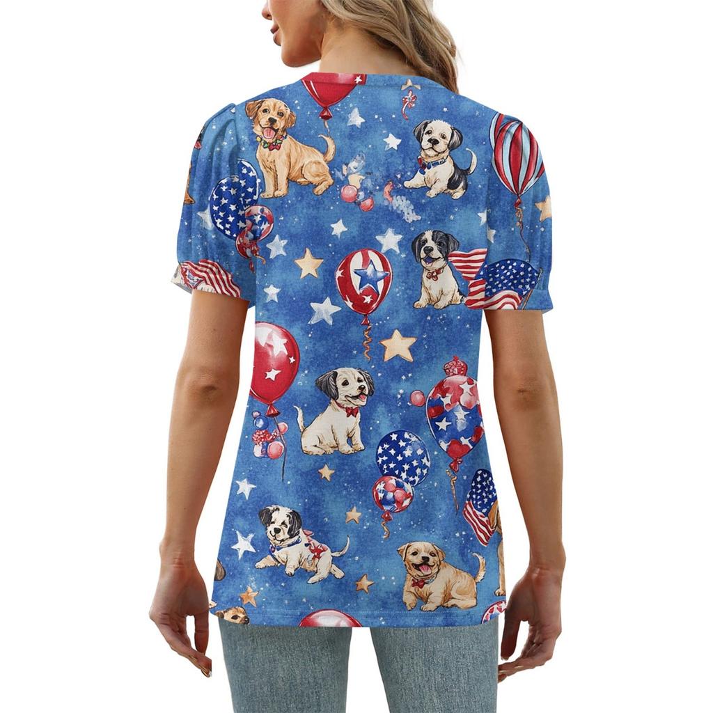 Women's Fashion Independence Day Print Top Puff Short Sleeve V-neck T-shirt Loose Casual T-shirt