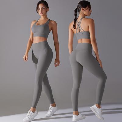Naked Tight Yoga Suit Set, Cross Back Beauty Quick Drying Sportswear Set, High Waist And Hip Lifting Running Fitness Two-Piece Set For Women