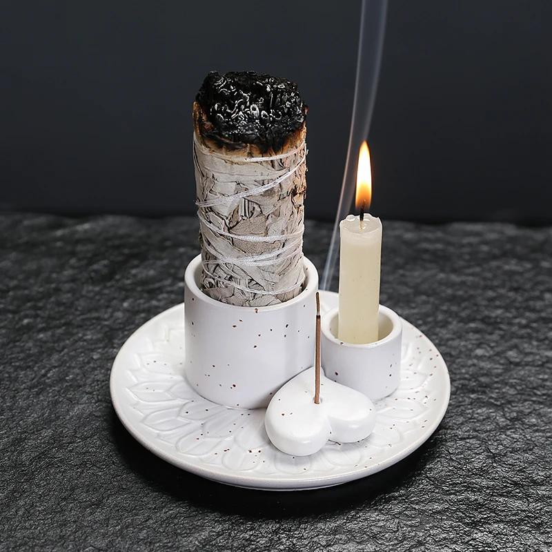 1 Stück Keramik Räucherstäbchenhalter Multifunktional 4-in-1 für Palo Santo Salbeistifte Kerzen & Kristalle Ideal für Weihnachten
