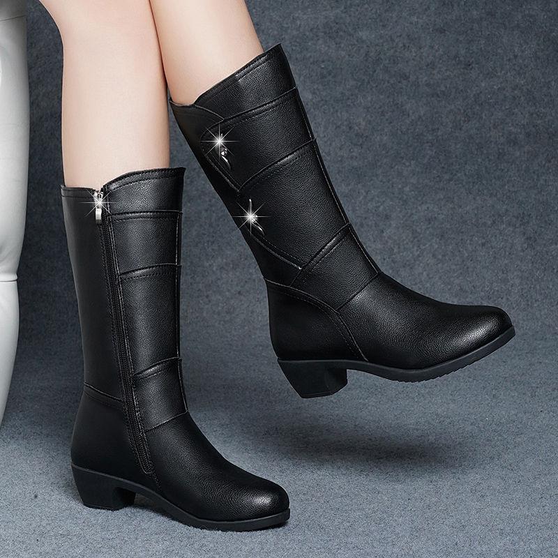

Модные женские полусапоги на среднем каблуке с круглым носком из кожи, осенне-зимние, черные, теплые, женские ботинки до середины икры, шикарные и элегантные, из ПУ 42