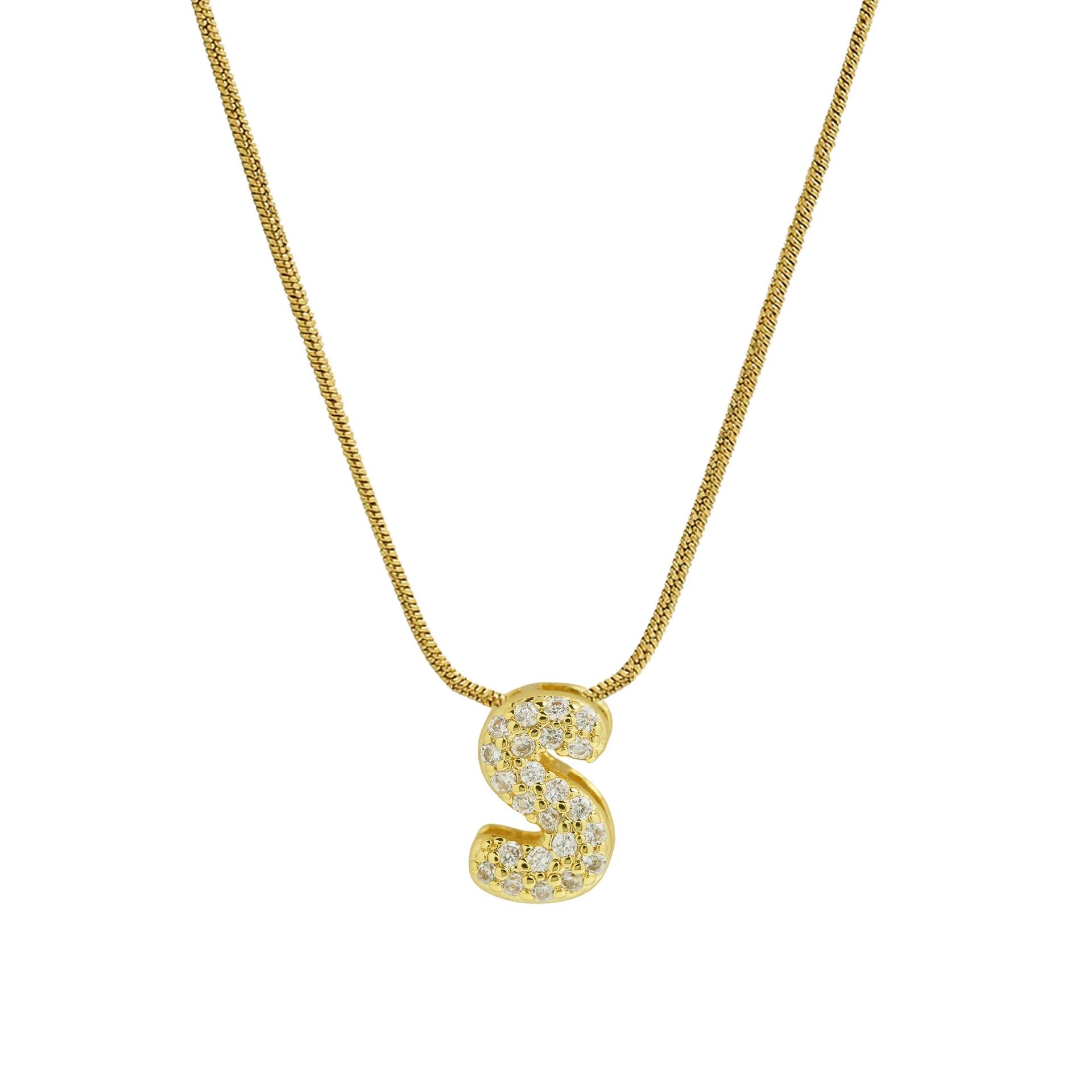 Cute English Letter Initial Necklace Gold Plated Zircon Paved Necklace Puffy Bubble Letter Necklace for Women 45cm