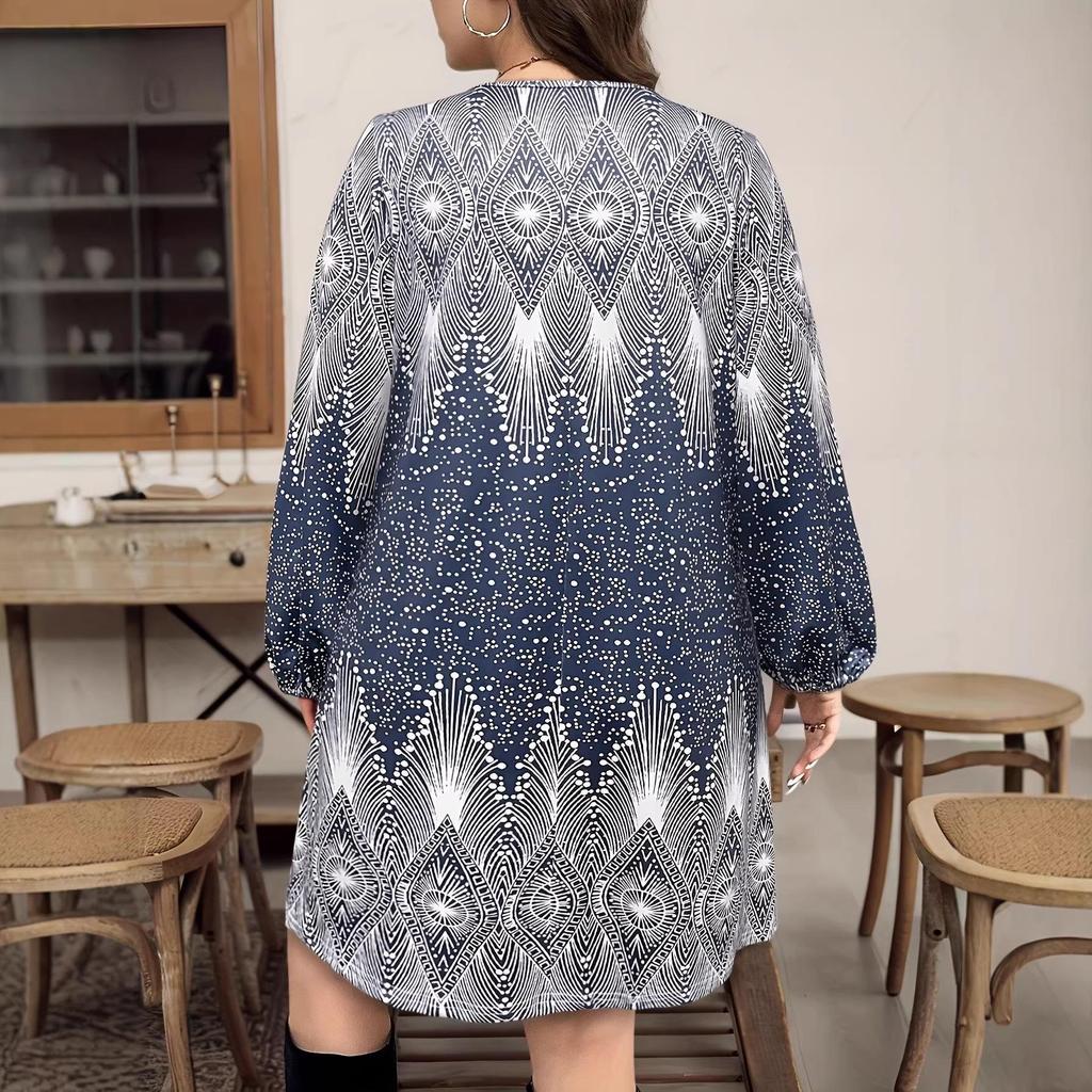Plus Size Women's Retro V-Neck Long Sleeve Dress, Perfect for Parties and Daily Wear