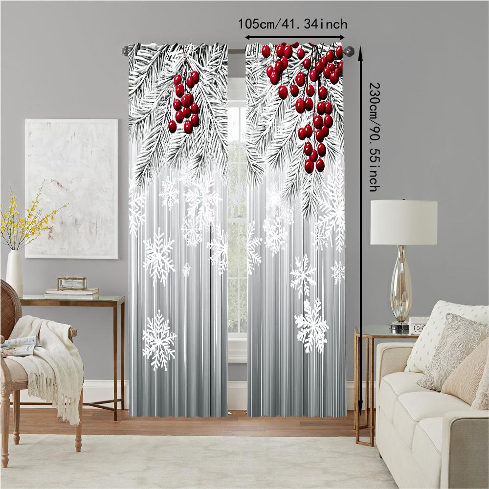 Set Of 2 Christmas Snowflake Red Berry Print Polyester Material Window Curtains Design Easy Hanging Perfect Curtain Made With Rod Pocket