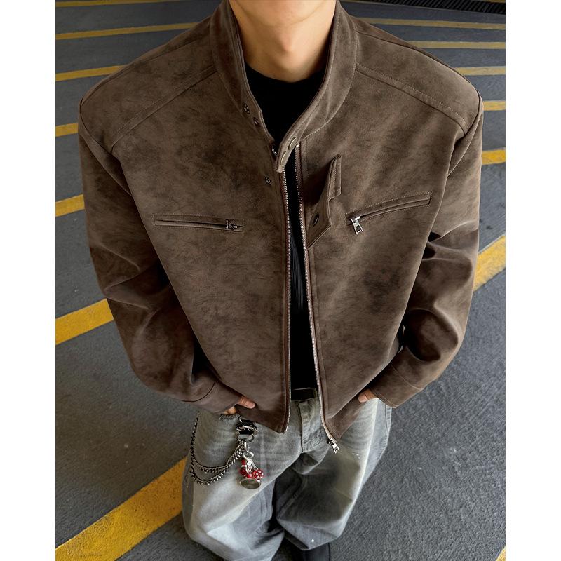 

Men s Retro PU Leather Motorcycle Jacket with Stand Collar - American Style, Drop Shoulder, Thickened for Autumn/Winter M