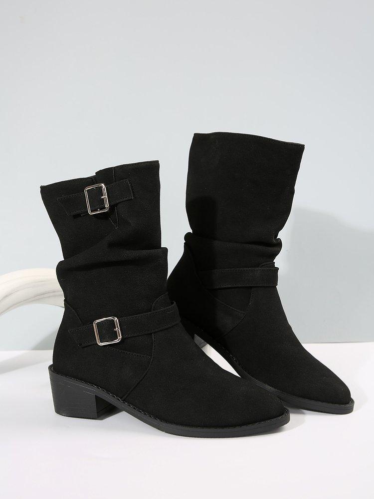 Large size square heel buckle cowboy style stacking boots autumn and winter new round head versatile fashion women's boots