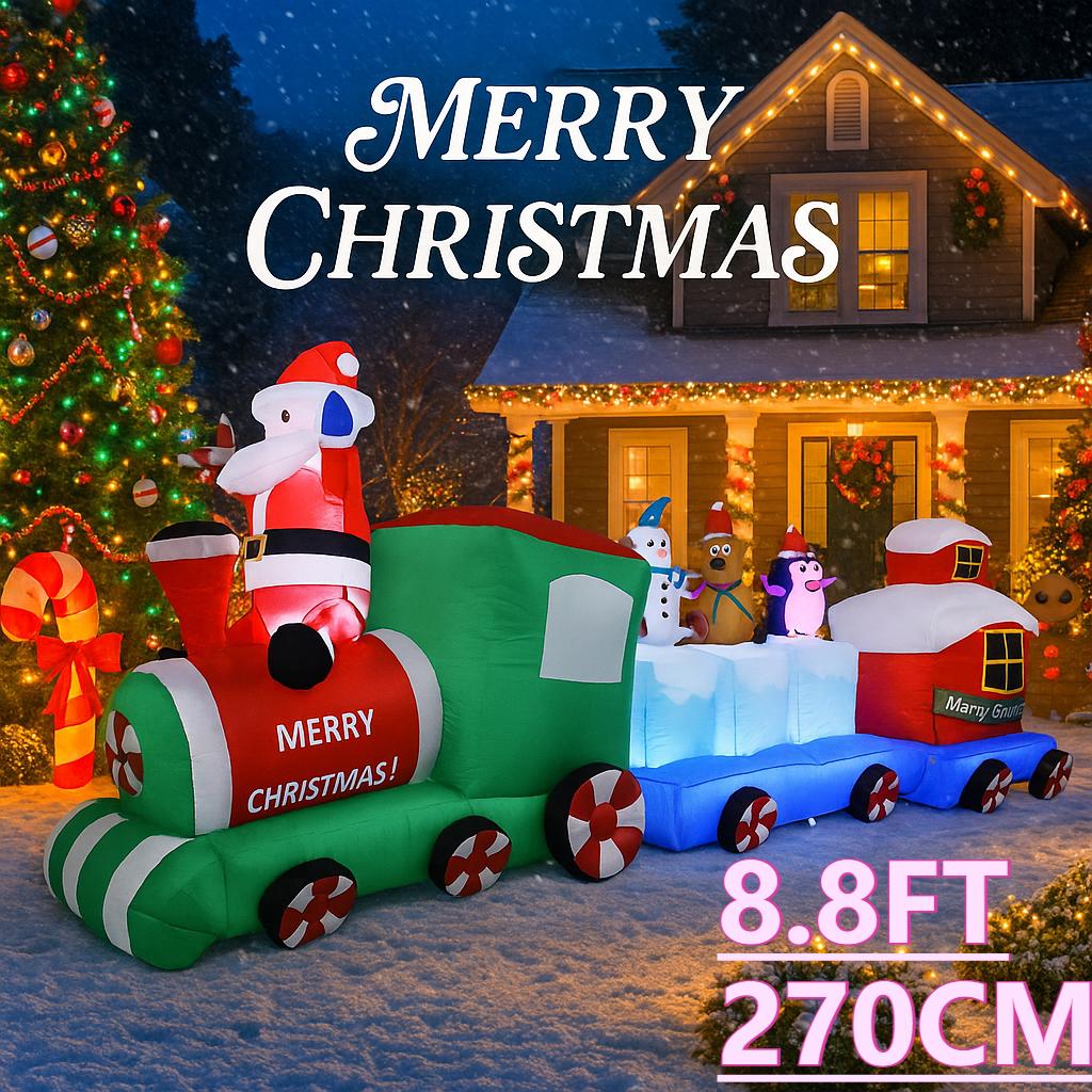 8.8FT LED Inflatable Christmas Yard DecorSanta Train with Friends Xmas Toy Home Decoration Supplies Ornament Gifts Holiday Decor