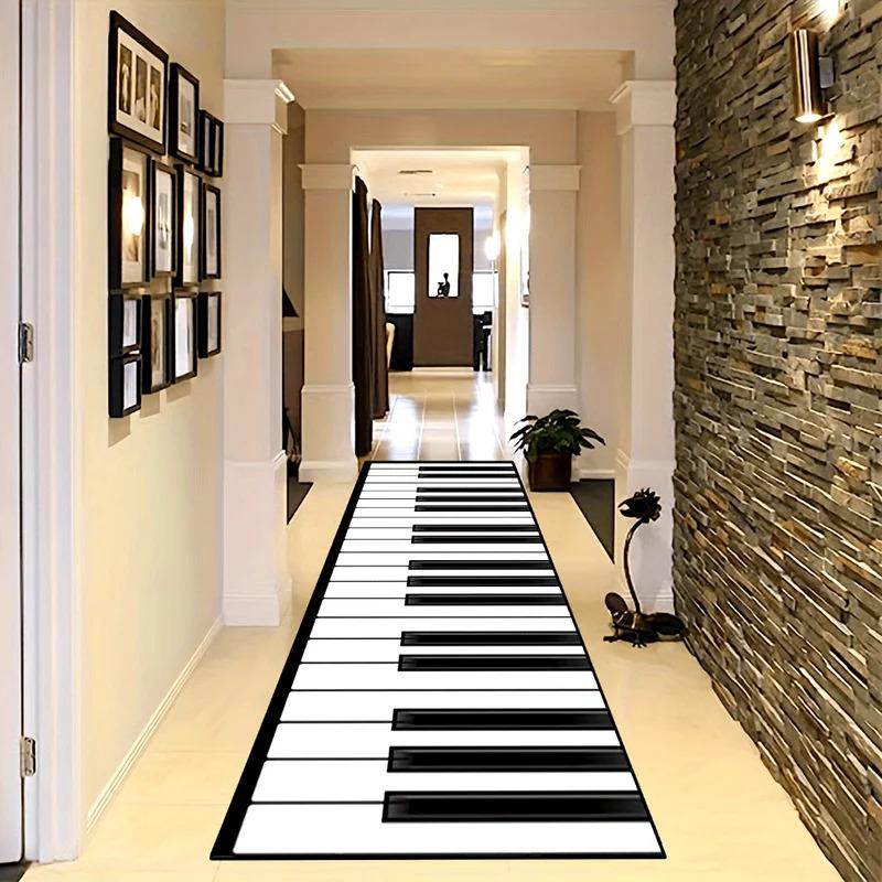 Non-Slip Carpet for Bathroom, Kitchen & Corridor, Music Theme, Piano Keyboard Pattern, Durable Stain Resistant Decorative Floor