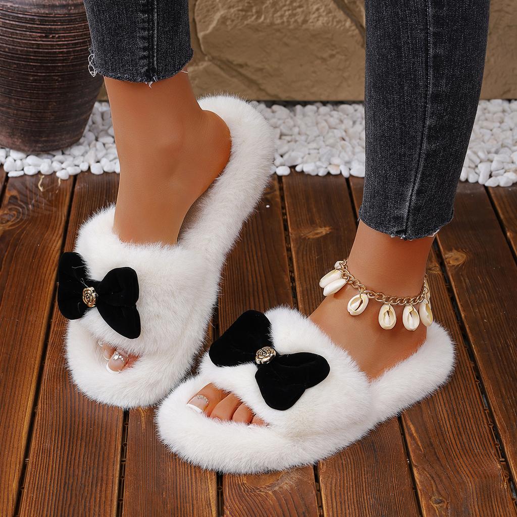 Sweet Suede Bowknot Decoration Faux Fur Slippers Women Autumn Round Toe Thick Bottom Slides Warm Cotton Outdoor Slippers