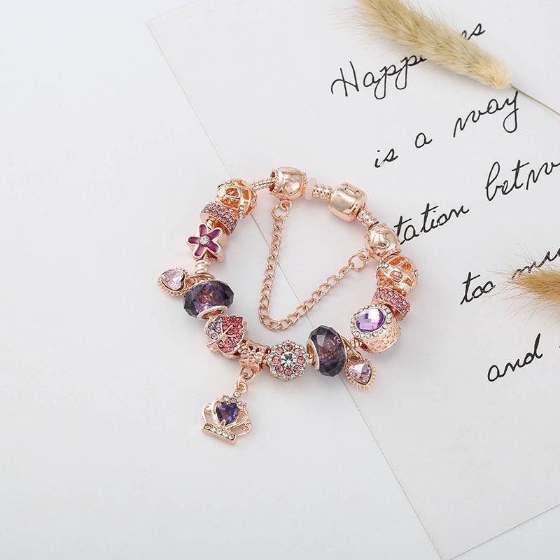 Pan's Rose Gold European Style Princess Crown Heart Pendant Bracelet for Women - DIY Customizable Series.