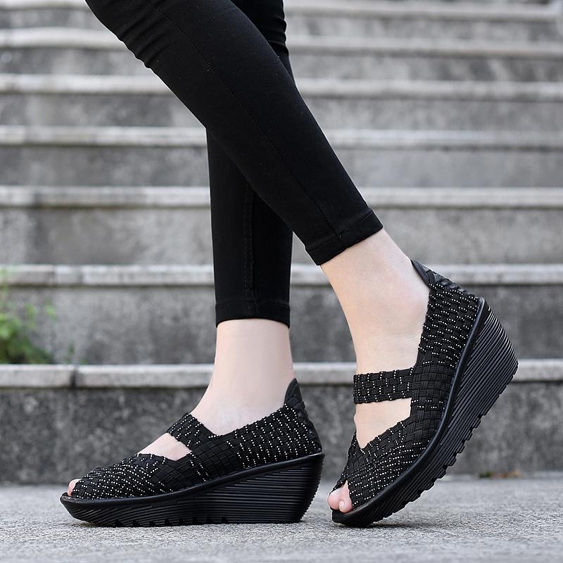 Sandales d'été noires pour femmes, avec tresse, pour la plage, à enfiler, semelle épaisse, plateforme, bout ouvert, grande taille
