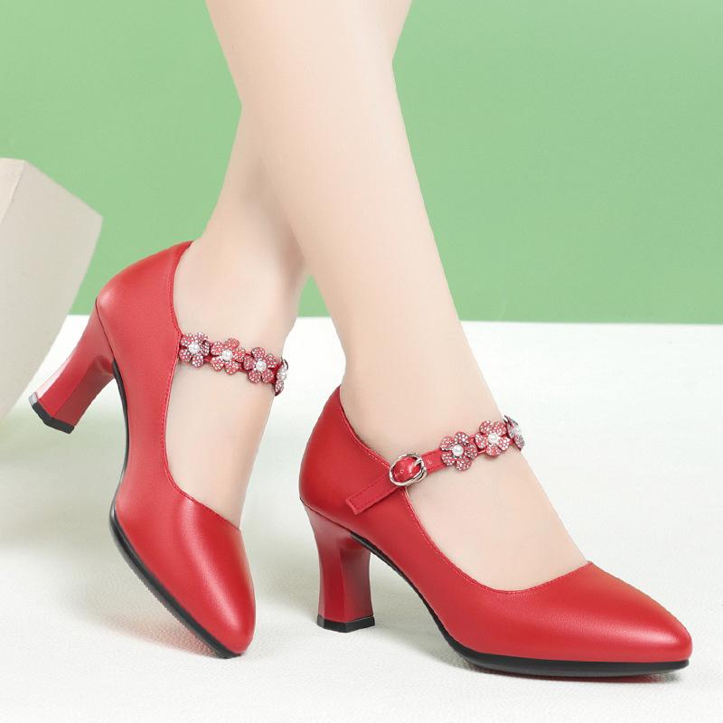 Women Pumps Flower Mary Jane shallow mouth Shoes Dress One-line Buckle Pointed Toe Medium Elegant Heels Soft Leather Shoes