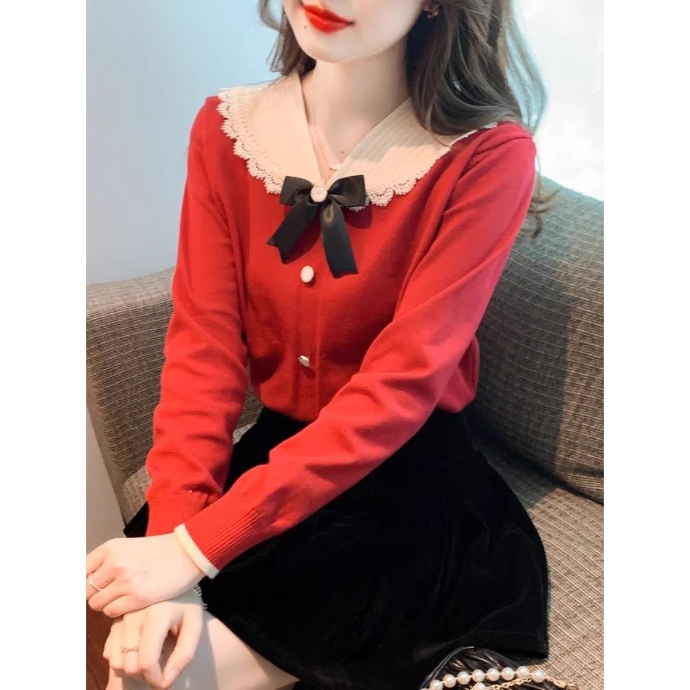 Bow Shaped Doll Neck Knitted Sweater for Women Long Sleeved New Versatile Fashion Base Shirt Anti-aging Top
