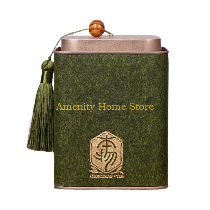 

F26C Metal Tinplate Box Square Tea Container Jar Tassel Lid Green Tea Storage Box Can зелёный