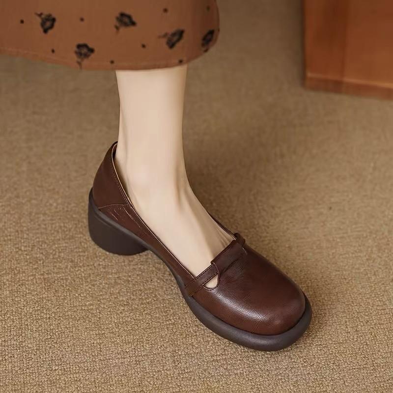 Soft Leather Round Head Thick Heel Single Shoes Women's 2025 New Autumn Retro Style Medium Heel Small Leather Shoes Brown Medium Heel Work Shoes