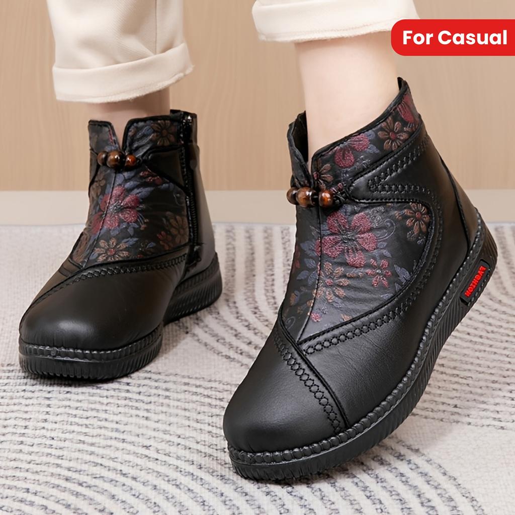 Winter Floral Embroidered Ankle Boots for Women - Casual Style, Flat Heel, Round Toe, Fabric Inner, Comfortable Soft Dress Boots