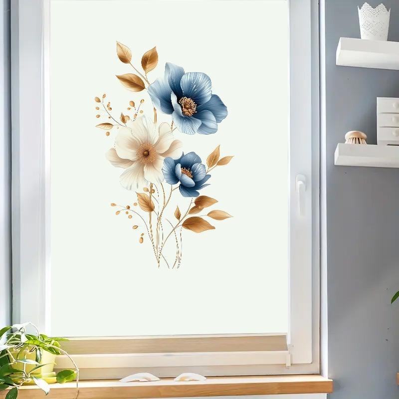Simulated Blue White Floral Gold Leaves Wall Sticker Self-Adhesive Removable for Bedroom Hallway Elegant Home Decor Art