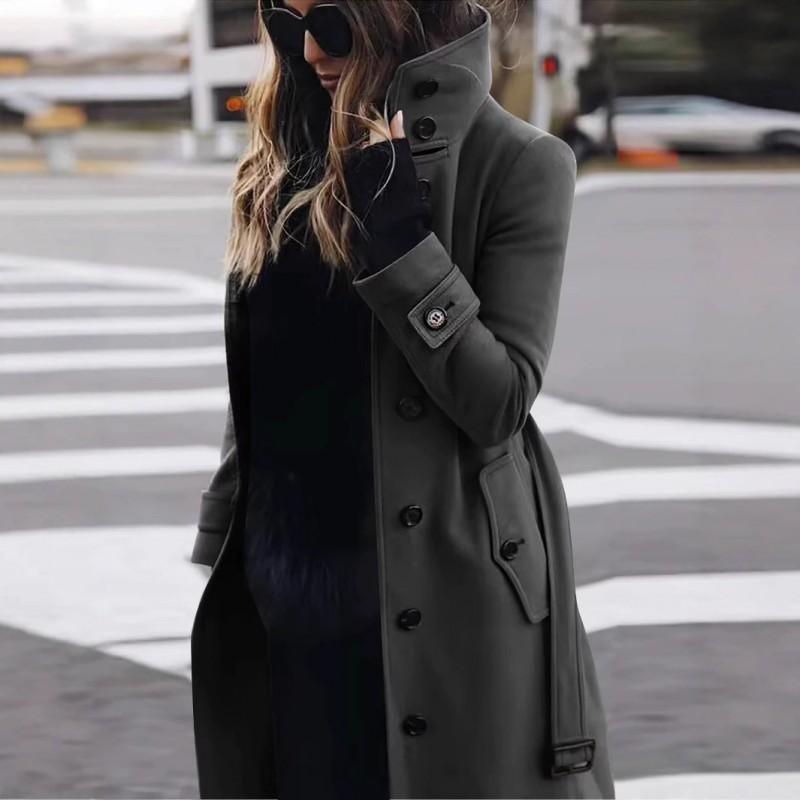 Womens Wool Blend Long Coat With Belt Solid Color Straight Cut Winter Outerwear Office Daily Wear