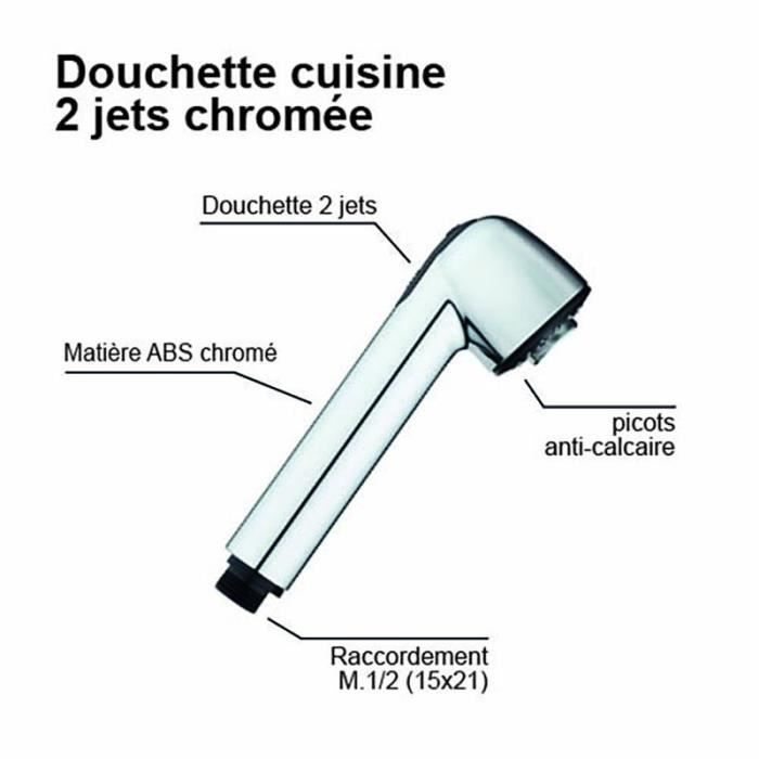 Douchette pour mitigeur d'évier de cuisine - Chromé - 2 jets - Picots anti-calcaire - ROUSSEAU