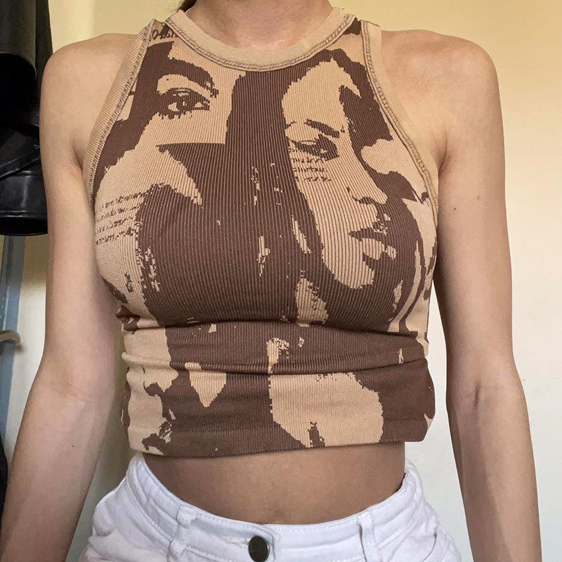 

Коричневые майки Y2K с графическим принтом, женские узкие майки без рукавов с круглым вырезом, летняя тонкая майка с открытой спиной и завязками в стиле Харадзюку