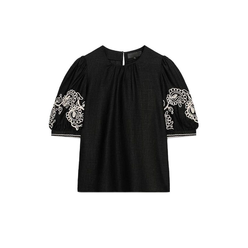 round Neck Short sleeve Linen Blend Embroidered Top 2731105 Mid Waist Wide Leg Casual Trousers 2731104