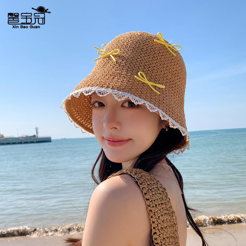 Spring and summer bucket hat knitted hat children's fashion versatile bow bucket hat casual breathable basin hat