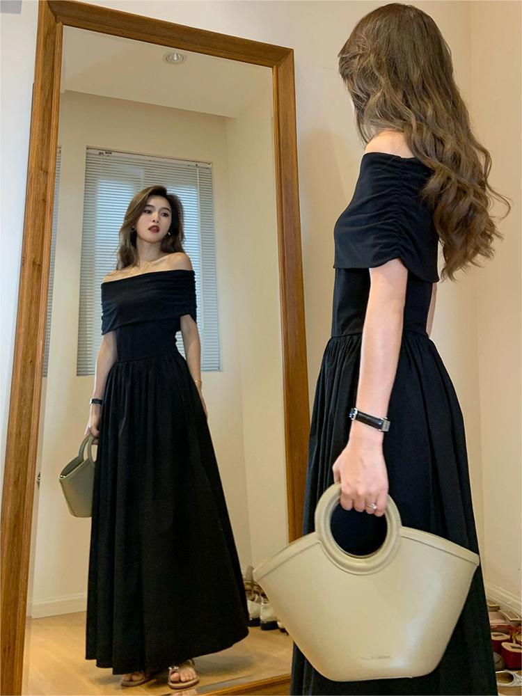 Women s Black Off-Shoulder Strapless Dress, 2026 Trendy Cinched Waist Long Dress Large