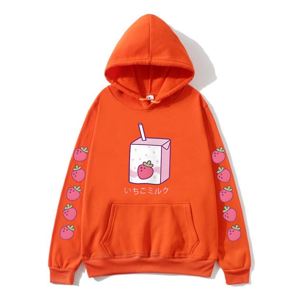 Strawberry Milk Cartoon Printing Hoodies Long Sleeve Hooded Sweatshirts Kawaii Clothing for Girls Moletom Feminino