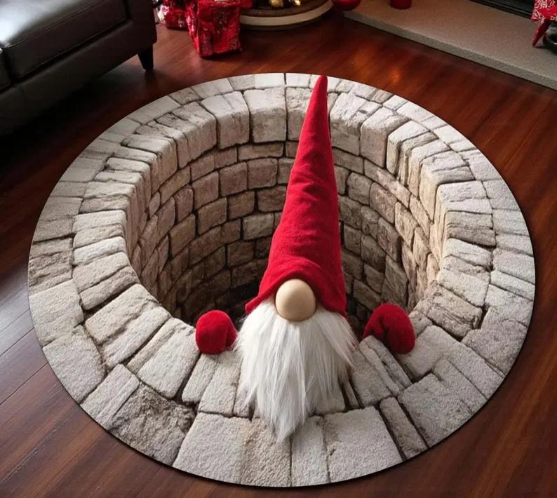 

3D Vortex Santa Claus Riding on A Small Train Circular Carpet Visual Illusion Christmas Theme Carpet Bedroom Non Slip Floor Mat Diameter 60cm