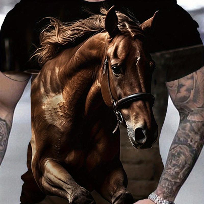 3D Majestic Horse Printing Round Neck Street Fashion T-Shirt Three-Dimensional Printing Horse Men's Creative Short-Sleeved Round