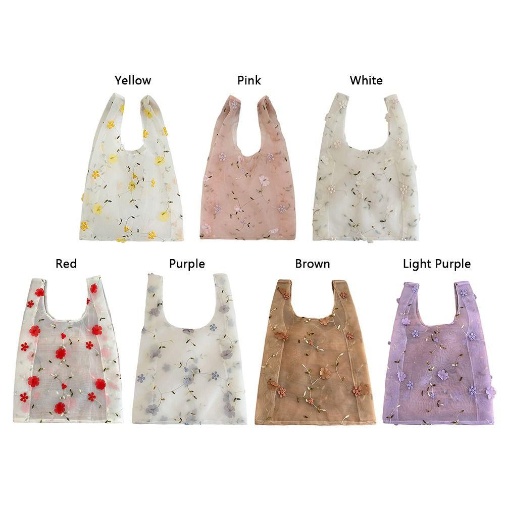 Double Organza Flower Embroidery Hand Bag Clear Jelly Light Material Mesh Shopping Bag Yarn Cloth Organza Tote Bag Shoulder Bag