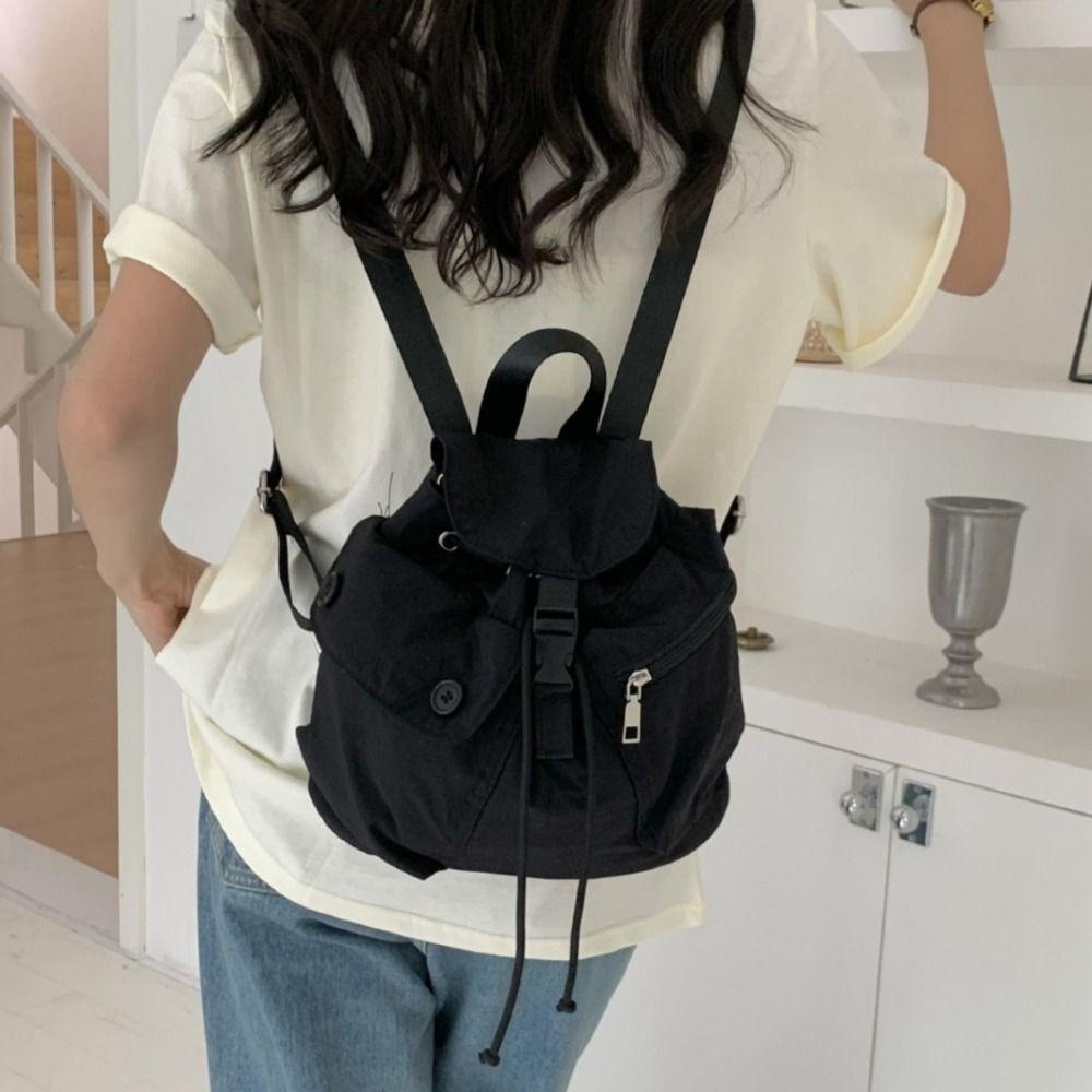 

Large Capacity Muti Pocket Bag Button Drawstring Bag Fashion School Flap Backpack Street Wear чорний