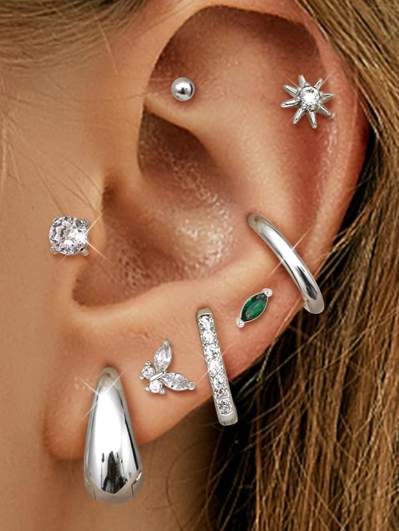 

Bobisty 8 Pairs Stainless Steel Studs Hoop Earrings for Women Flat Back Stud Cartilage Earring Set Helix Piercing Jewelry