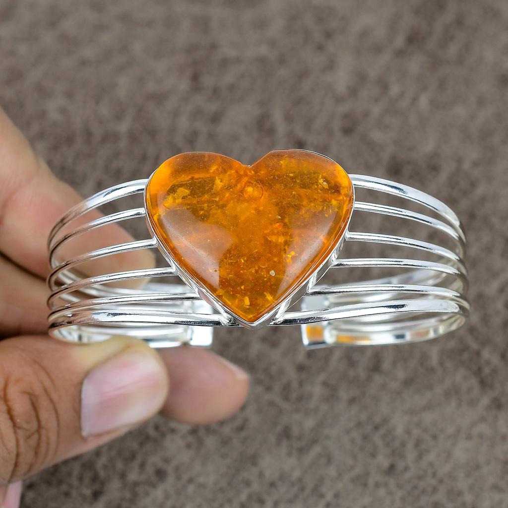 Baltic Amber Gemstone Handmade 925 Sterling Silver Cuff Bangle Adjustable KKG-188