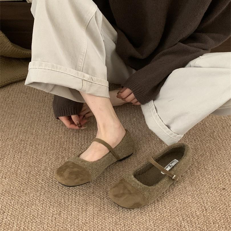 Classic single shoes light and comfortable low heel light mouth suede one-word buckle rubber round head small leather shoes women