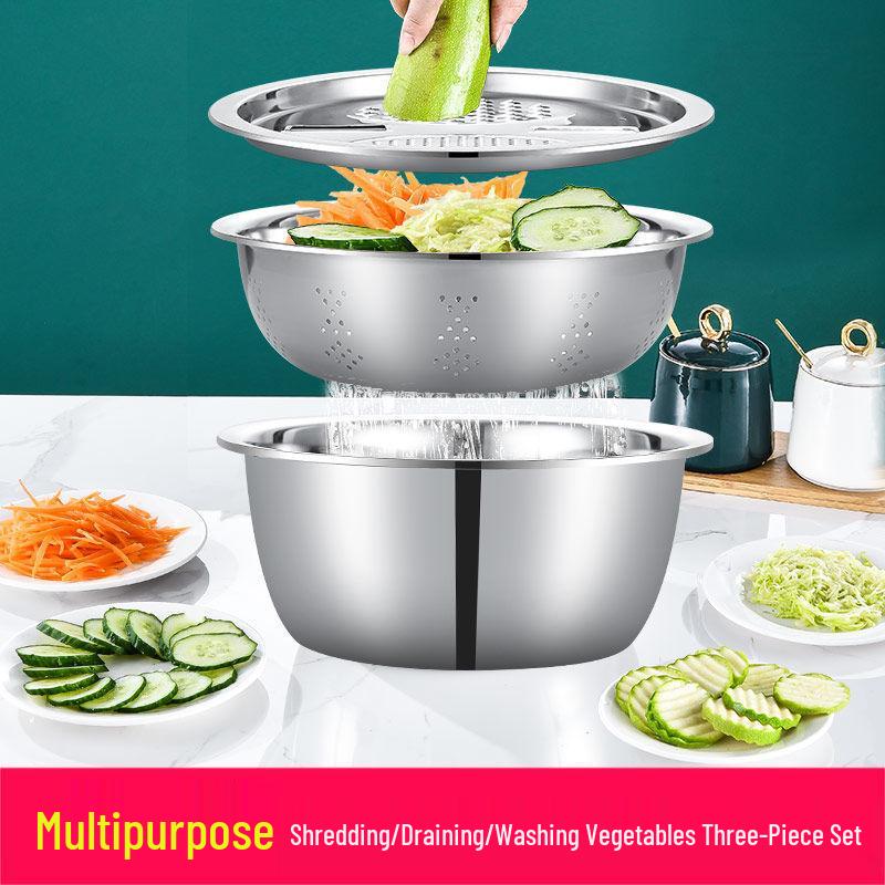 Stainless Steel 3-Piece Vegetable Cutter & Grater Set with Multifunctional Wash and Drain Basin