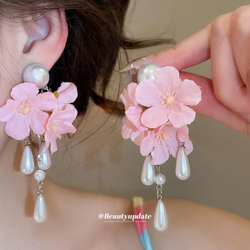 Star blue flower note~ vacation wind blue fringed flower stud earrings sweet temperament earrings niche high-end earrings women