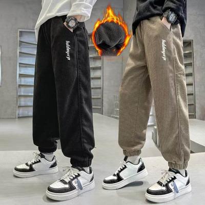 Children's Plus Velvet Pants Boys Padded Trousers Winter New Kids Elastic Waist Sweatpants Teenager Casual Fleece Clothing