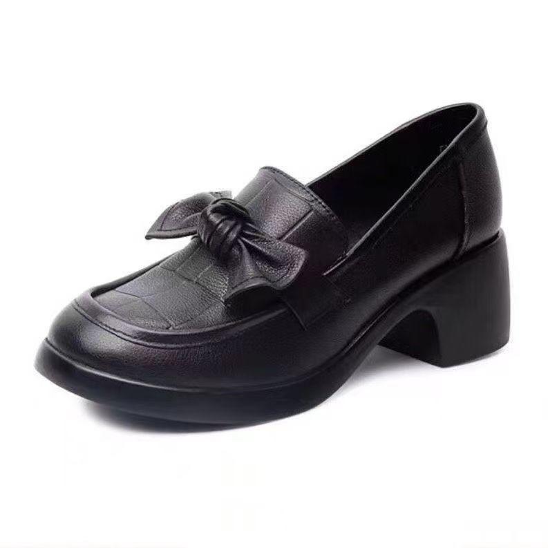 Autumn bow thick heel small leather shoes new platform single shoes soft leather
