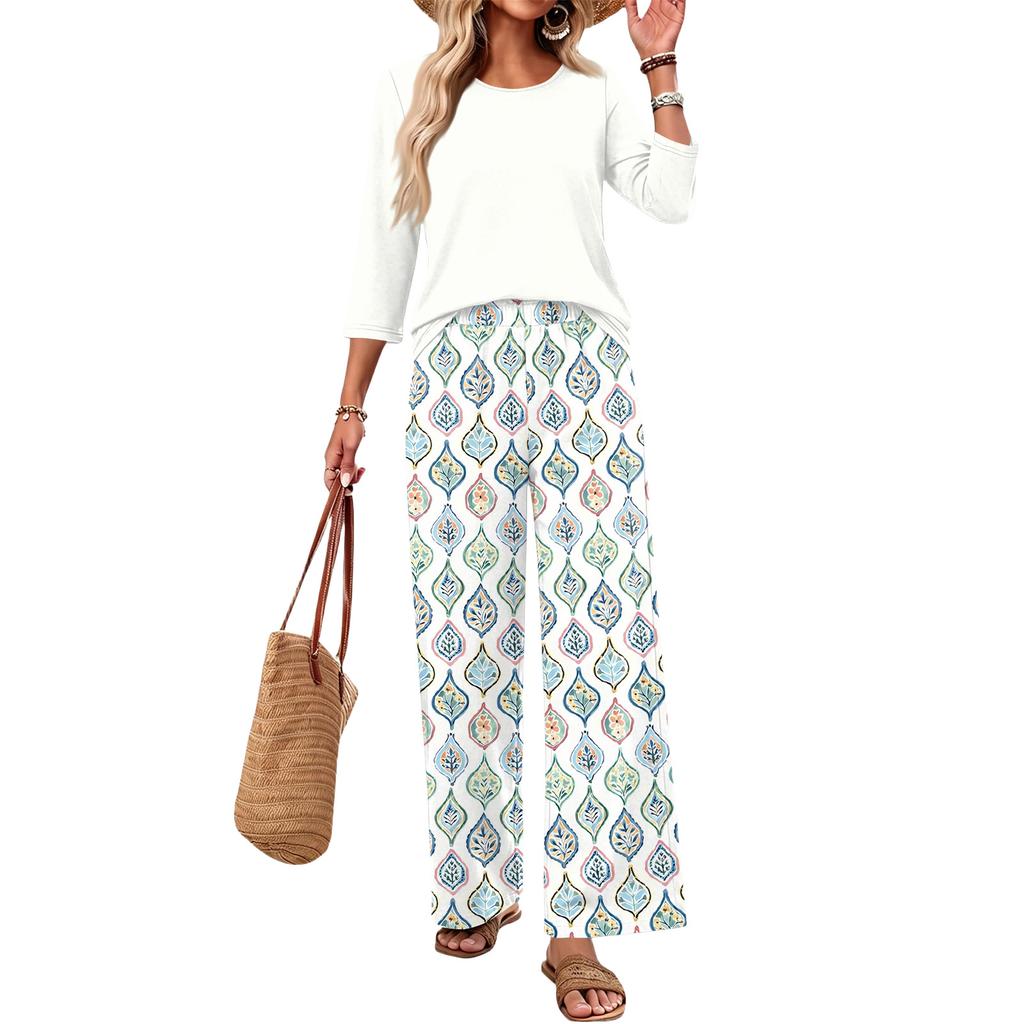 Women's Casual Fashion Round Neck Loose Fit Printed Three Quarter Sleeve Top with Wide Leg Printed Pants Set Comfortable Loungewear