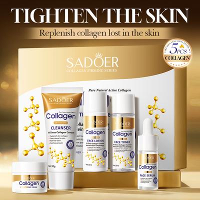 5 Stück SADOER Kollagen Hautpflege-Sets Feuchtigkeitsspendende Gesichtscreme Augencreme Serum Essenz Aufhellend Anti-Aging Gesichtshautpflege-Set